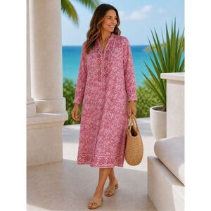 Victoria Dunn Women Pink Floral Flounce V-Neck Midi Shirt Dress Size Large